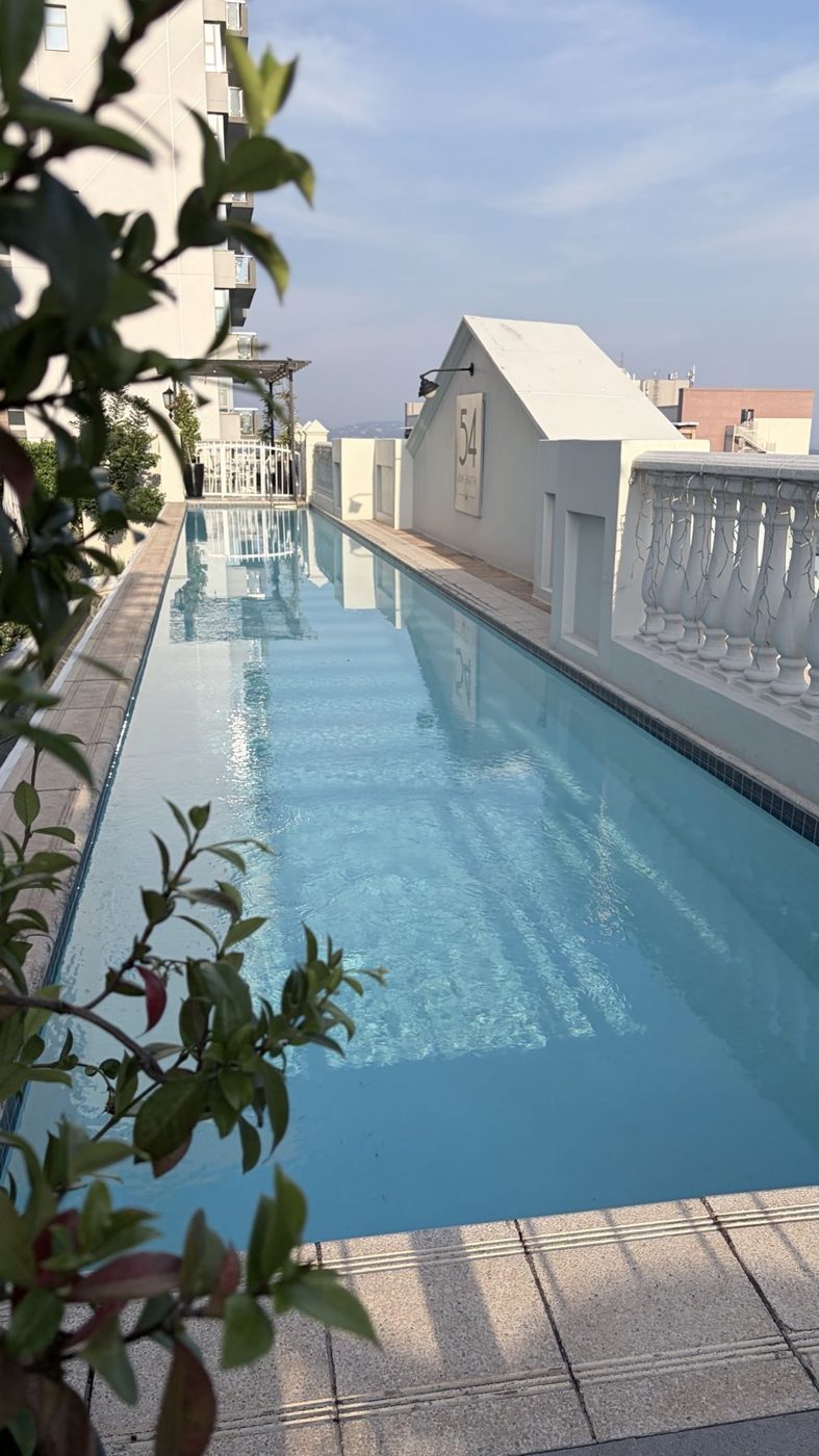 Piscina estreita no rooftop entre jardins