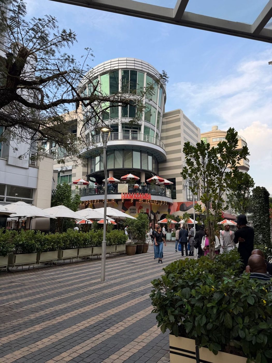 Praça com café e árvores, Joanesburgo