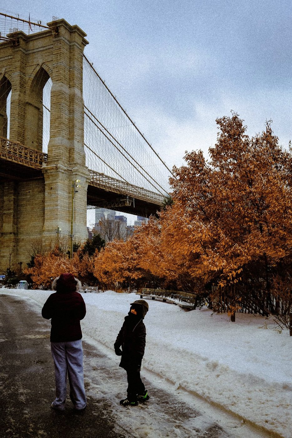 Brooklyn Bridge com neve, crianças de costas