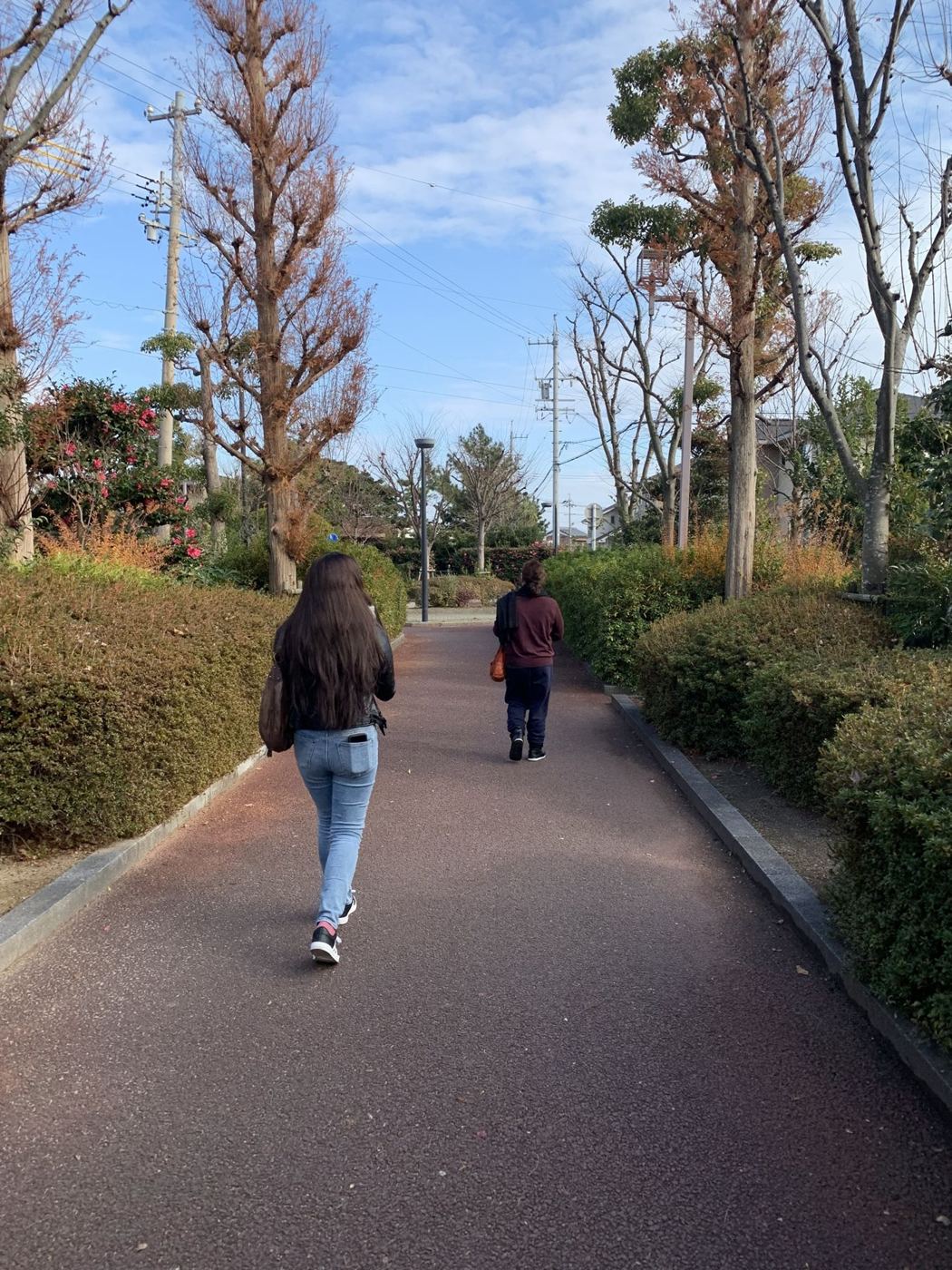 Alameda no outono no Japão, duas pessoas de costas