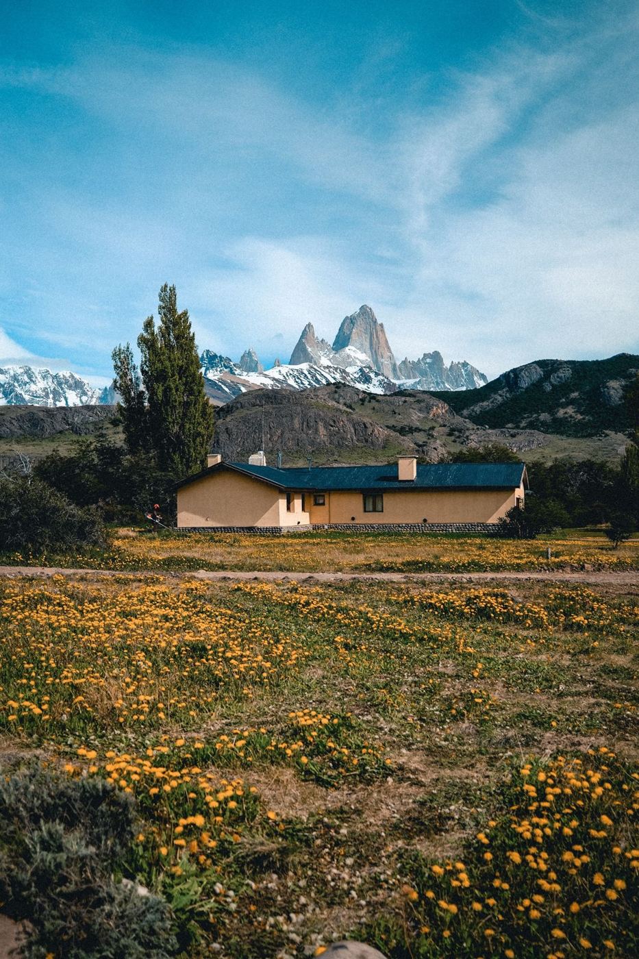 Cabana no campo florido com o Fitz Roy ao fundo